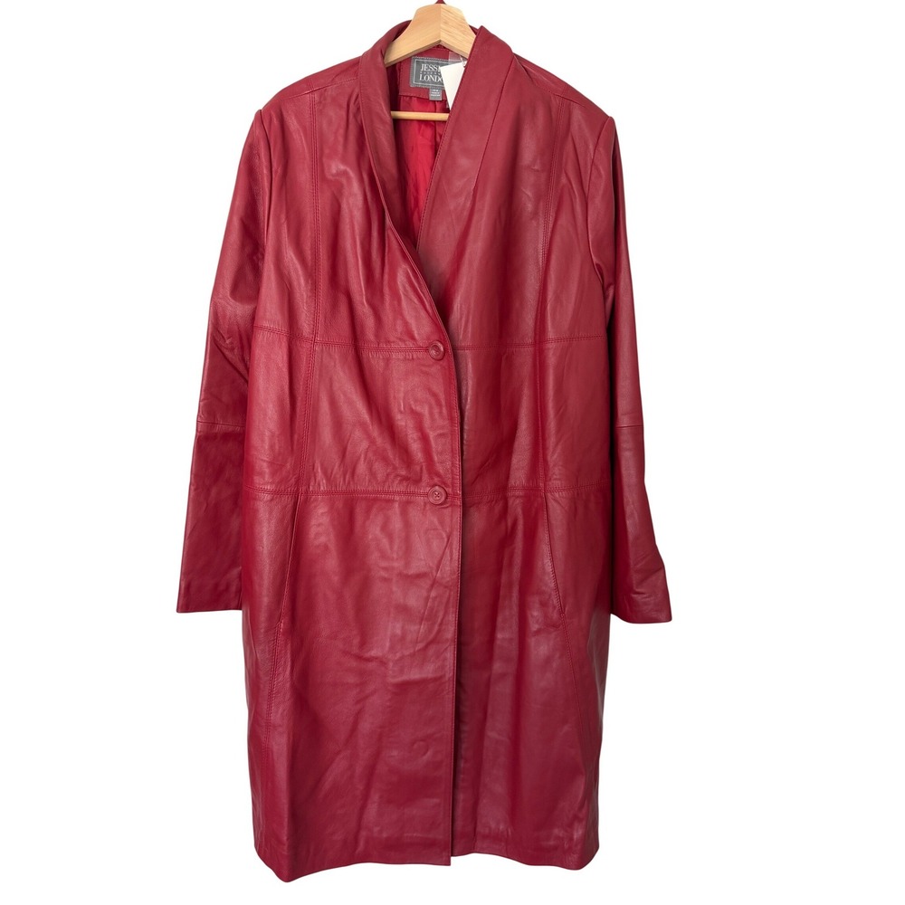 Jessica London Red Genuine Leather Trench Coat Jacket Plus Size 24W NWT